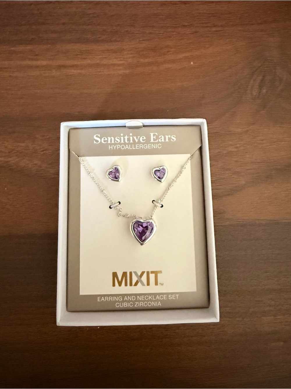 Mixit Silver-Tone Heart Necklace and Studs with Purple Stones